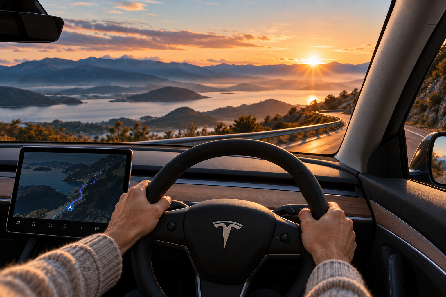 Hands holding a steering wheel as a winding road opens into morning light